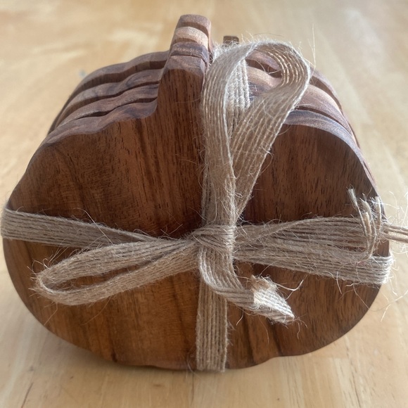 Other - Set of 4 Wooden Pumpkin Coaster Set with Ribbon NWT. Can use as decor too